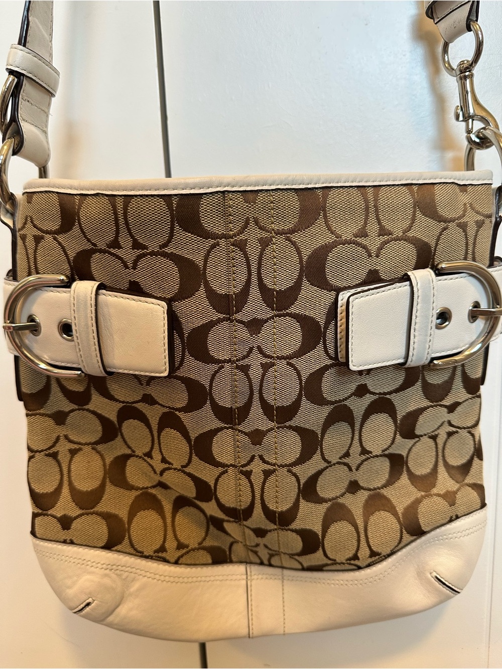 Coach Brown and Cream Leather Signature Buckle Crossbody Bag